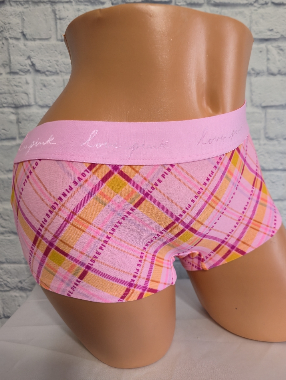 PINK Victoria's Secret Plaid Boyshort Panties Logo Orange & Pink New Large
